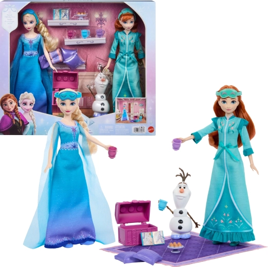 Mattel Disney Frozen pižamų vakarėlis – lėlių rinkinys Anna ir Elsa su Olafu ir priedais