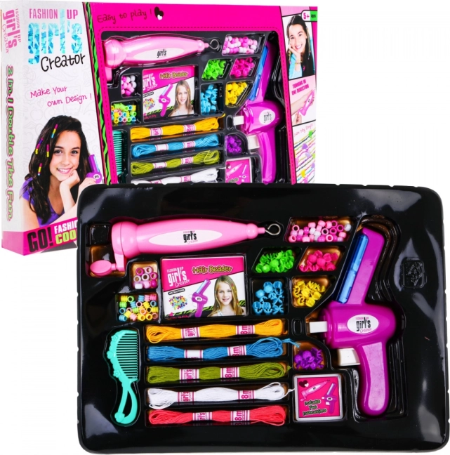 Plaukų karoliukų ir apyrankių rinkinys 2 viename vaikams 5+ su vėrimo ir pynimo įrankiais