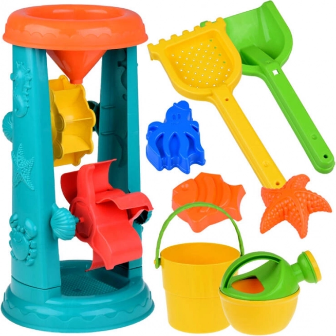 Didelis smėlio žaislų rinkinys su kibirėliu, grėbliukais ir vandens ratu