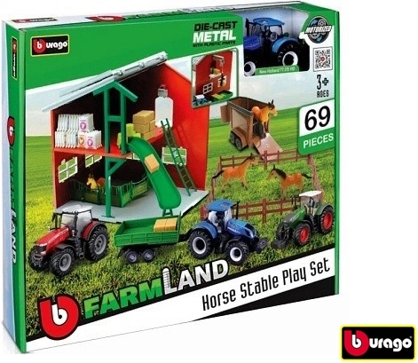 Bburago Farmland Farm Playset with Stable, Horses and Tractor Assortment - 1 Piece