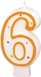 Gimtadienio žvakutė skaičius 6, balta su spalvotais taškeliais