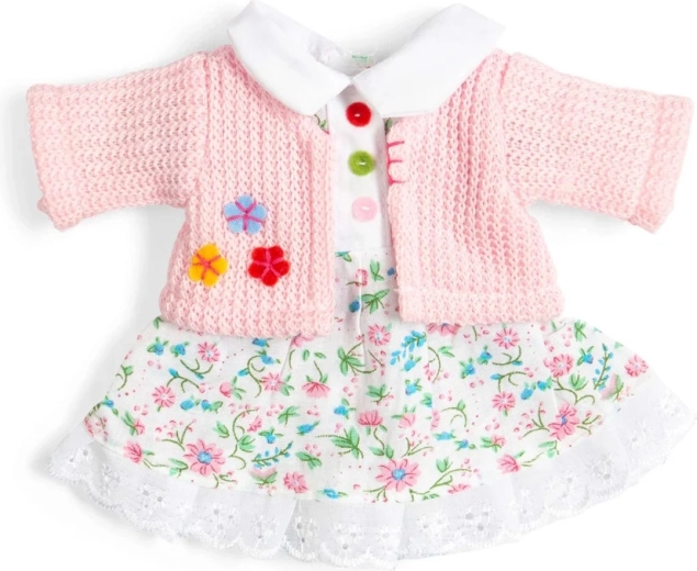 Bigjigs Toys rožinė gėlėta suknelė ir megztinis lėlei 28 cm