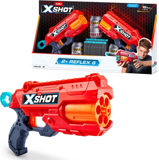X-Shot Reflex 6 – rinkinys: 2 pistoletai su skardinėmis ir šoviniais