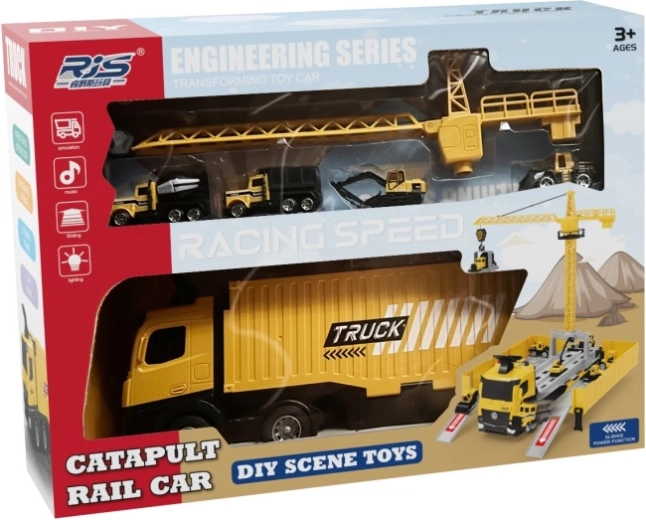 Fold-out truck with crane and construction vehicles