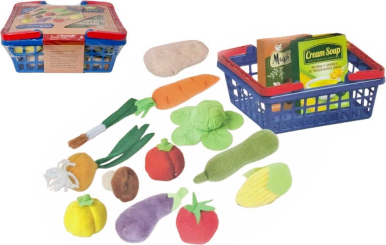Pliušinis virtuvės rinkinys su maisto produktais pirkinių krepšelyje