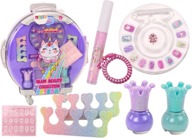 Vaikiškas kosmetikos lagaminėlis nagams ir makiažui, violetinis, 9 dalių