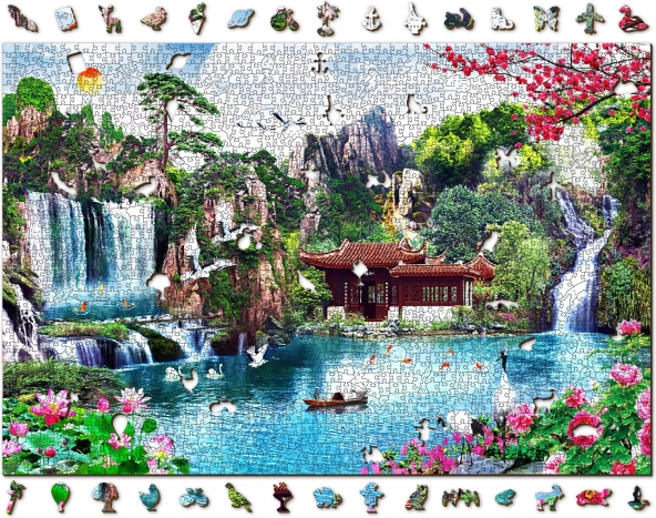 Wooden Puzzle Waterfalls in Japanese Garden