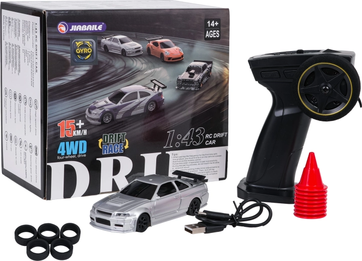 Sidabrinis RC drifto automobilis 1:43 su priedais