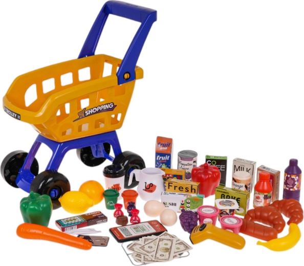 Didelis pirkinių vežimėlis ir daugybė maisto produktų