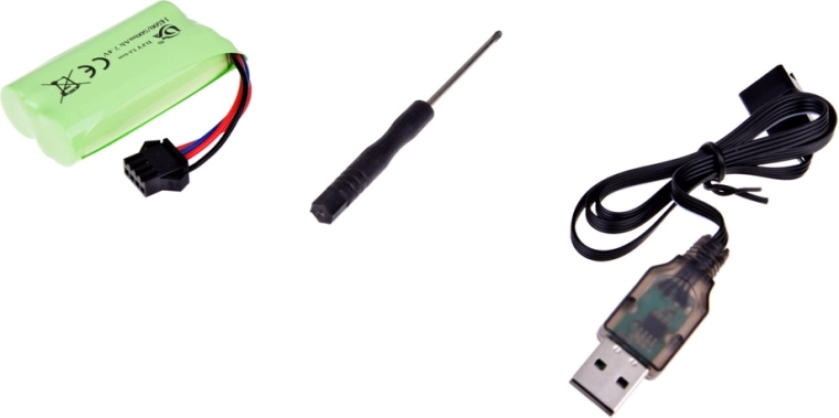 7.4 V rechargeable battery and USB cable included