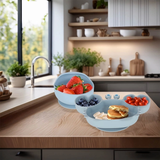 Stabili lėkštė ir dubenėlis su prisiurbtuku