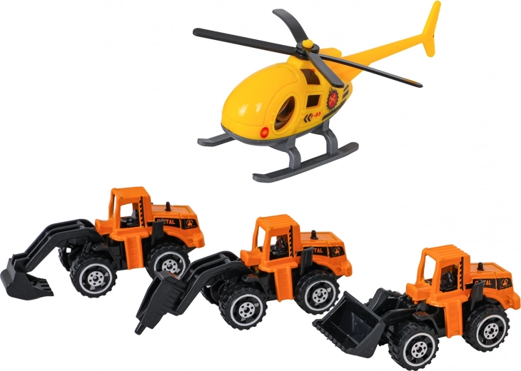 3 metaliniai statybiniai automobiliai ir sraigtasparnis