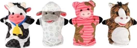 Keturi rankiniai lėlių personažai vienoje pakuotėje