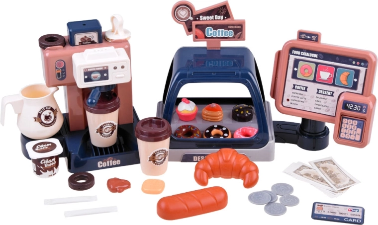 Vitrina ir gausi įranga žaidimui „kavinė“