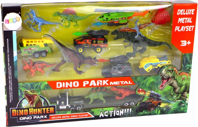 Trys transporto priemonės su priekabomis ir veiksmo elementais