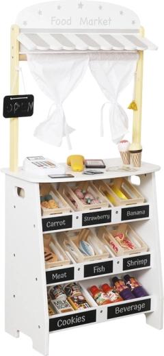 Parduotuvės stendas su lentynėlėmis ir lentelėmis