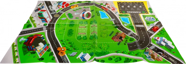 Didelis žaidimų kilimėlis su miestu ir keliais