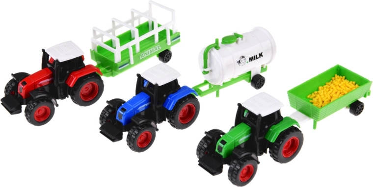 Trys traktoriai su skirtingomis priekabomis