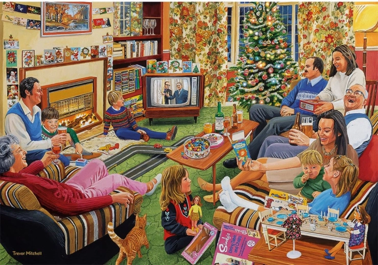 Cozy family Christmas by the fireplace