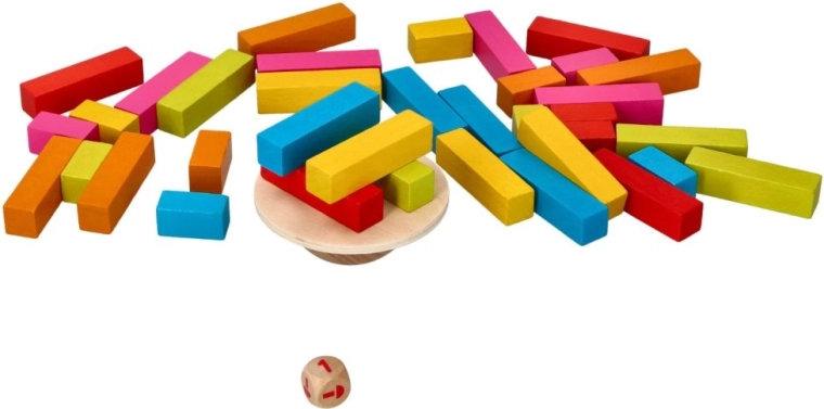Colorful wooden blocks and a die