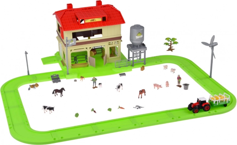 Traktorius su priekaba ir gyvūnų figūrėlės