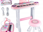 Vaikiškas elektroninis pianinas su mikrofonu ir taburete, rožinis, MP3/USB