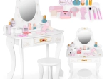 Medinis vaikų tualetinis staliukas su veidrodžiu ir rožiniais priedais ECOTOYS