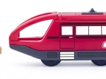 Red locomotive with battery-powered engineer